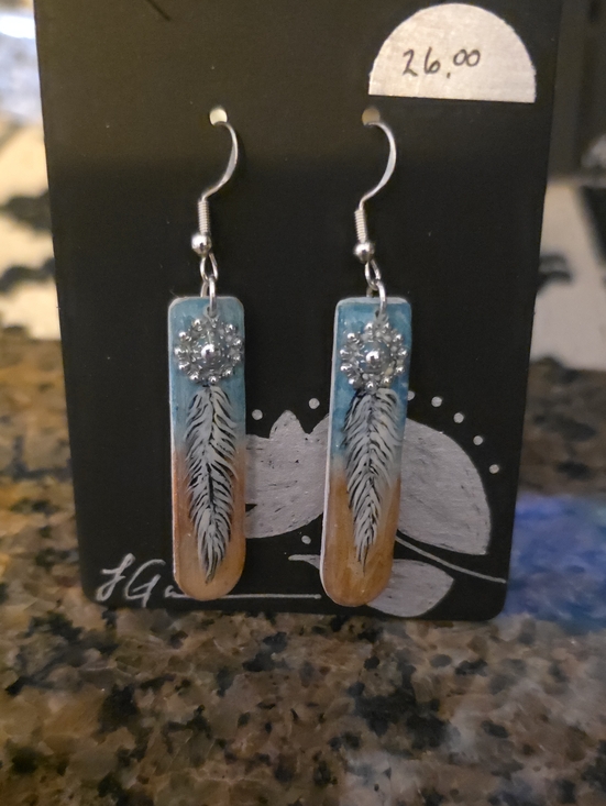 L.A. Garner Designs Jewelry - Hand-Painted Teal and Tan Feather Drop Earrings with Rhinestone Accent
